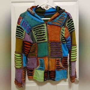 Patchwork Hooded Sweatshirt Full Zip POCKETS Retro Hippie Grunge Whimsy Sz M